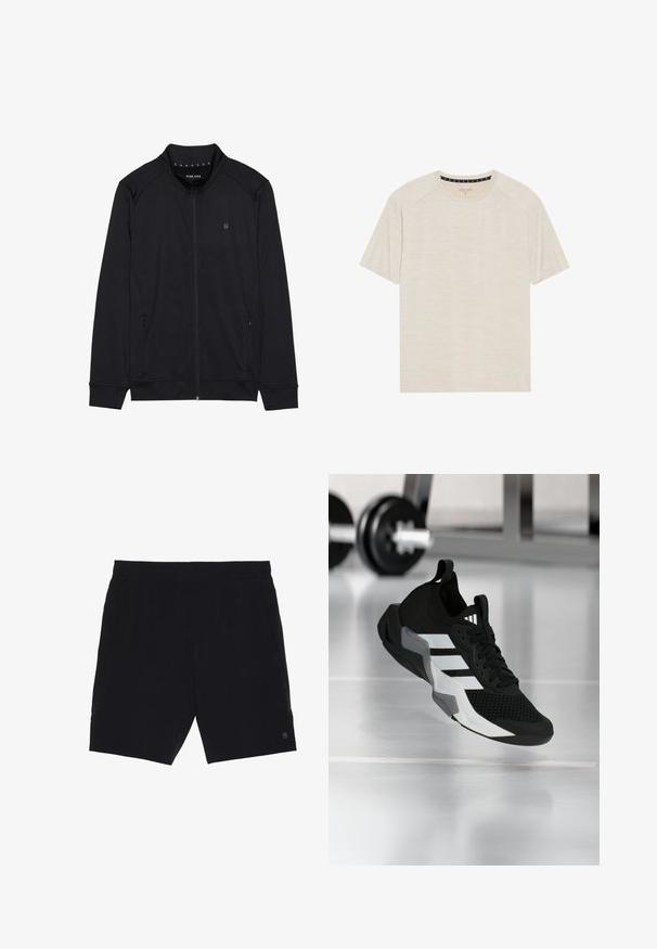 Schwarze Zip-Jacke aus weichem Stoff mit hohem Kragen, Seitentaschen und genähten Schulternähten. Minimalistisches Logo auf der Brust.; Helles beige T-Shirt mit kurzen Ärmeln aus strukturiertem Stoff, das einen runden Ausschnitt und Raglanärmel aufweist. Dezentes horizontales Streifenmuster.; Schwarze Shorts aus leichtem Material mit einem elastischen Bund, zwei seitlichen Taschen und einem kleinen Logo auf der unteren rechten Seite.; Schwarzer Sportschuh mit Mesh-Obermaterial, weißen Streifen und grauen Akzenten. Verfügt über einen gepolsterten Kragen und eine Gummisohle. Geeignet für die Nutzung im Fitnessstudio.