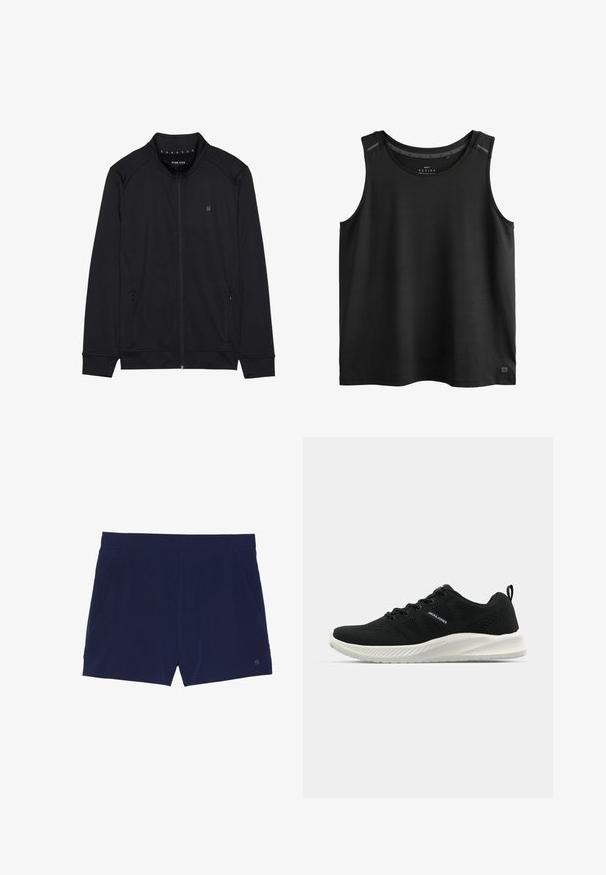Zwarte ritsjack van zacht materiaal, met een hoge kraag, zijzakken en gestikte schoudernaden. Minimalistisch logo op de borst.; Zwart mouwloos atletisch tanktop met ronde halslijn en subtiele reflecterende details op de schouders.; Marineblauwe zwemboxers van lichtgewicht stof, met een elastische tailleband en twee zijzakken voor opbergruimte.; Zwarte sportschoenen met een gestructureerde mesh bovenzijde, contrasterende witte zool en gebogen ontwerp. Voorzien van een vetersysteem en logo-detail.