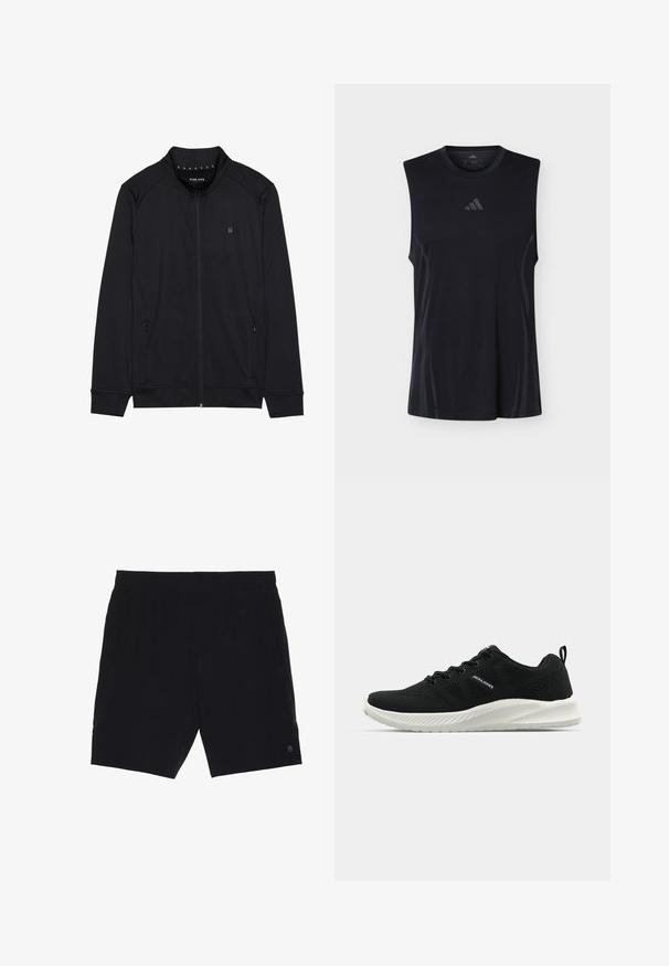 Sorth zip-jakke lavet af blødt stof, med høj krave, sidelommer og syede skuldersømme. Minimalistisk logo på brystet.; Sort ærmeløs træningsshirt med subtile mesh-sidepaneler og en lille Adidas-logo centreret under den runde halsudskæring.; Sorte shorts lavet af letvægtsstof, med elastisk talje, to sidelommer og et lille logo på nederste højre side.; Sorte atletiksko med en tekstureret mesh-overdel, en kontrastfarvet hvid sål og et buet design. Har snørrelsessystem og logo-detalje.