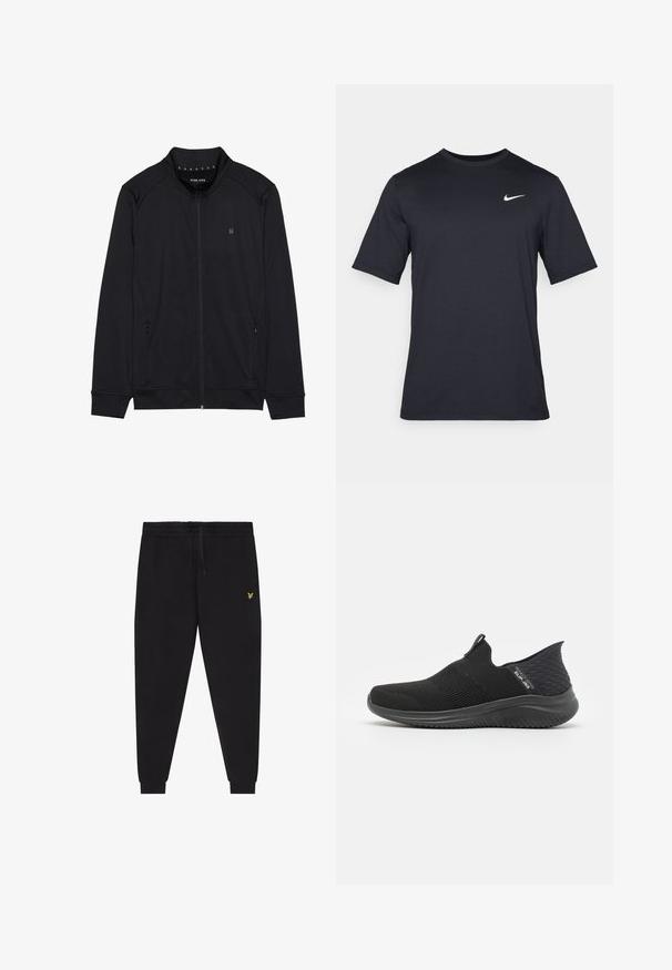 Chaqueta negra con cremallera hecha de una tela suave, que presenta un cuello alto, bolsillos laterales y costuras en los hombros. Logotipo minimalista en el pecho.; Camiseta negra de manga corta de Nike hecha de tela suave, con un logo de swoosh blanco en la parte superior izquierda y cuello cuadrado.; Pantalones jogger negros con cintura elástica y cordón, piernas ajustadas con puños y un pequeño logo amarillo bordado en el muslo derecho.; Zapatos negros de tipo slip-on con parte superior de malla transpirable, diseño texturizado, suela flexible y plantilla suave y acolchada.
