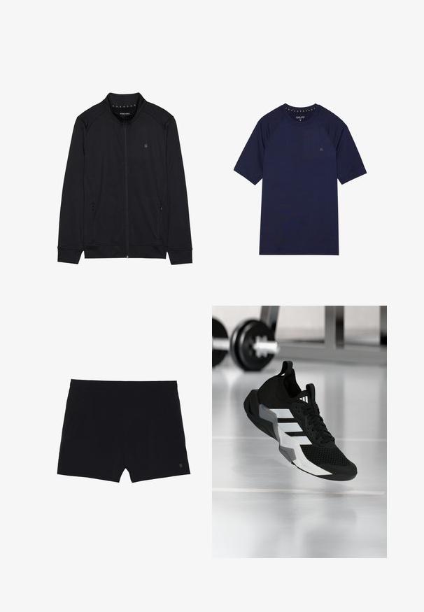 Schwarze Zip-Jacke aus weichem Stoff mit hohem Kragen, Seitentaschen und genähten Schulternähten. Minimalistisches Logo auf der Brust.; Kürzärmliges T-Shirt in Marineblau aus glattem Stoff. Mit Rundhalsausschnitt und Raglanärmeln sowie einem kleinen Logo auf der Brust.; Schwarze Sportshorts mit glatter Textur, elastischem Bund und zwei Seitentaschen. Mit einem kleinen Logo auf der unteren rechten Seite.; Schwarzer Sportschuh mit Mesh-Obermaterial, weißen Streifen und grauen Akzenten. Verfügt über einen gepolsterten Kragen und eine Gummisohle. Geeignet für die Nutzung im Fitnessstudio.