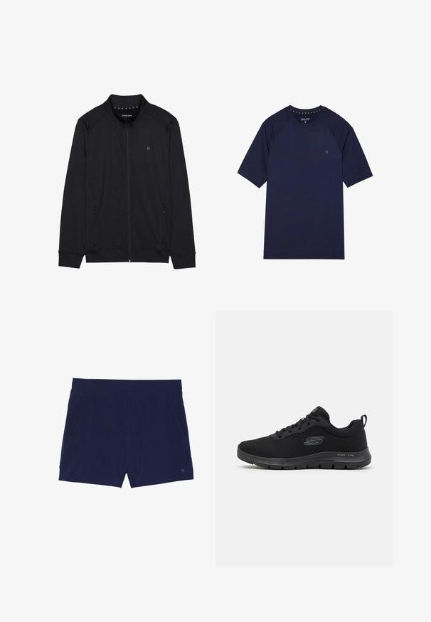 Zwarte ritsjack van zacht materiaal, met een hoge kraag, zijzakken en gestikte schoudernaden. Minimalistisch logo op de borst.; Marineblauw t-shirt met korte mouwen, gemaakt van een gladde stof. Heeft een ronde hals en raglanmouwen met een klein logo op de borst.; Marineblauwe zwemboxers van lichtgewicht stof, met een elastische tailleband en twee zijzakken voor opbergruimte.; Zwarte sportieve schoen met een bovenwerk van mesh, een ronde neus, vetersluiting en een getextureerde zool. Bevat een logo aan de zijkant en een trekbandje bij de hak.