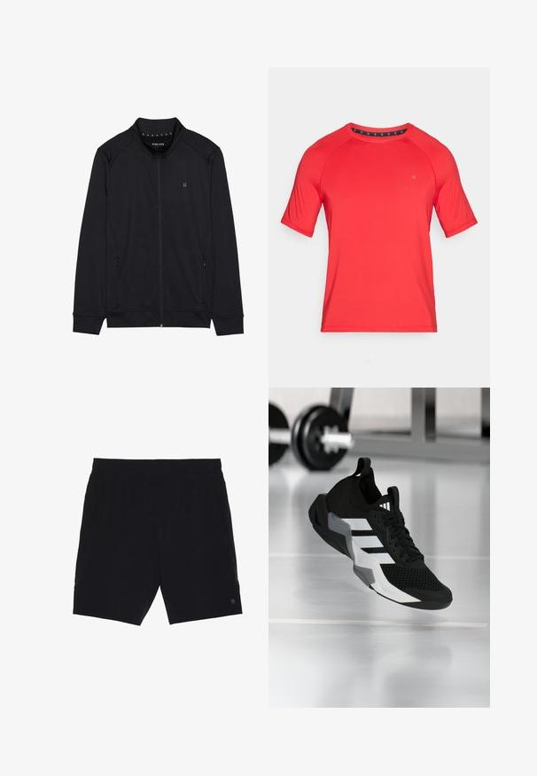 Veste zippée noire en tissu doux, dotée d'un col haut, de poches latérales et de coutures d'épaules surpiquées. Logo minimaliste sur la poitrine.; T-shirt de sport rouge à manches courtes avec un col rond, présentant des manches raglan et un petit logo sur le devant.; Shorts noirs en tissu léger, avec une taille élastique, deux poches latérales et un petit logo en bas à droite.; Chaussure de sport noire avec une tige en mesh, des rayures blanches et des accents gris. Dotée d'un col rembourré et d'une semelle en caoutchouc. Adaptée pour une utilisation en salle de sport.