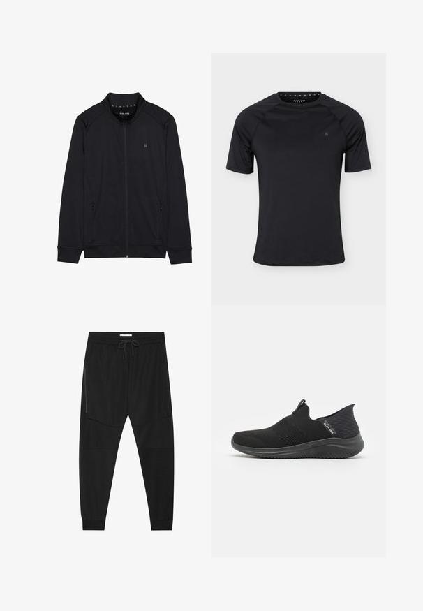 Chaqueta negra con cremallera hecha de una tela suave, que presenta un cuello alto, bolsillos laterales y costuras en los hombros. Logotipo minimalista en el pecho.; Camiseta deportiva negra de manga corta con cuello redondo y pequeño logo en el pecho izquierdo, mostrada sobre un fondo liso y claro.; Pantalones deportivos negros hechos de tejido texturizado, con una cinturilla ajustable, bolsillo lateral con cremallera y puños ajustados.; Zapatos negros de tipo slip-on con parte superior de malla transpirable, diseño texturizado, suela flexible y plantilla suave y acolchada.