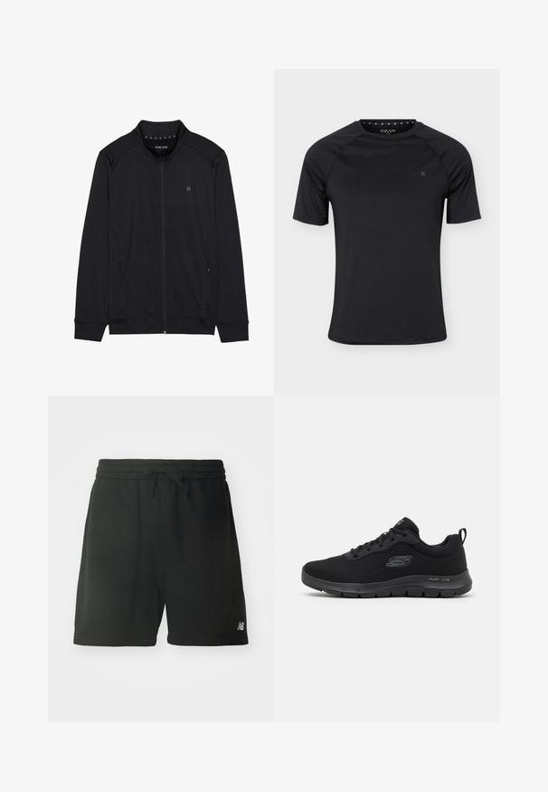Schwarze Zip-Jacke aus weichem Stoff mit hohem Kragen, Seitentaschen und genähten Schulternähten. Minimalistisches Logo auf der Brust.; Schwarzes kurzärmeliges Sport-T-Shirt mit Rundhalsausschnitt und kleinem Logo auf der linken Brust, dargestellt auf einfachem hellem Hintergrund.; Schwarze Baumwoll-Sportshorts mit elastischem Bund, verstellbarem Kordelzug und Logodetail am unteren linken Bein. Glatte Textur.; Schwarzer Sportschuh mit einem Obermaterial aus Netzgewebe, runder Zehenpartie, Schnürdesign und strukturiertem Sohlenbereich. Verfügt über ein Logo an der Seite und eine Schlaufe an der Ferse.