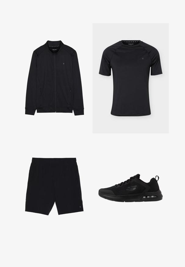 Sorth zip-jakke lavet af blødt stof, med høj krave, sidelommer og syede skuldersømme. Minimalistisk logo på brystet.; Sort sport T-shirt med korte ærmer og rund halsudskæring med lille logo på venstre bryst, vist på ensartet lyst baggrund.; Sorte shorts lavet af letvægtsstof, med elastisk talje, to sidelommer og et lille logo på nederste højre side.; Sorte sportsko med en åndbar mesh-overdel, teksturerede detaljer, polstret mellemsål og en synlig luftenhed i sålen for komfort.