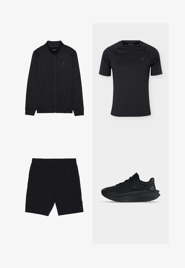 Veste zippée noire en tissu doux, dotée d'un col haut, de poches latérales et de coutures d'épaules surpiquées. Logo minimaliste sur la poitrine.; T-shirt de sport noir à manches courtes avec col rond et petit logo sur la poitrine gauche, présenté sur un fond clair uni.; Shorts noirs en tissu léger, avec une taille élastique, deux poches latérales et un petit logo en bas à droite.; Baskets de sport noires avec semelle épaisse, design à lacets, dessus perforé et logo discret de la marque sur le côté, présentées en profil.