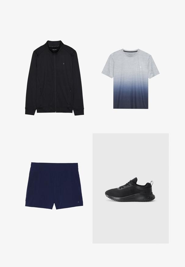 Chaqueta negra con cremallera hecha de una tela suave, que presenta un cuello alto, bolsillos laterales y costuras en los hombros. Logotipo minimalista en el pecho.; Camiseta de hombre, tejido ligero, mangas cortas, degradado de gris a azul oscuro, cuello redondo, logo sutil en el pecho, textura suave.; Bañadores azul marino hechos de tejido ligero, con una cinturilla elástica y dos bolsillos laterales para almacenamiento.; Zapatillas deportivas negras con parte superior de malla, diseño aerodinámico, suela redondeada y suela de goma texturizada con un pequeño logotipo en el lateral.