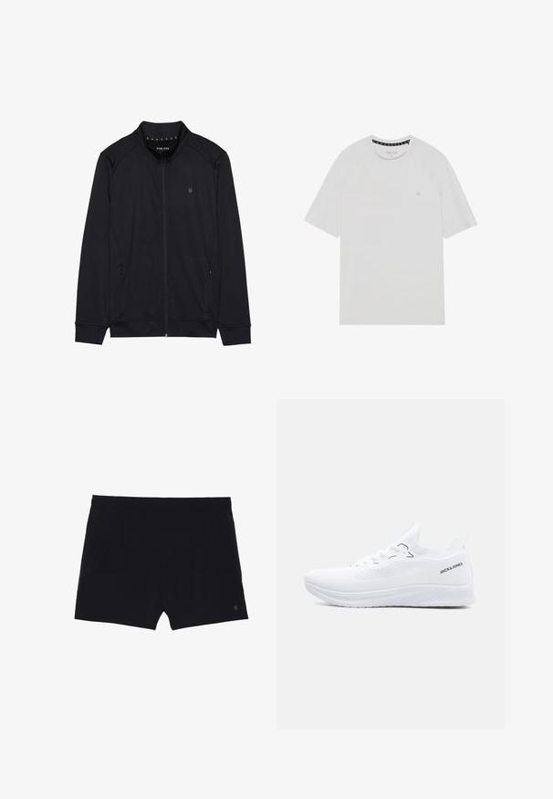 Veste zippée noire en tissu doux, dotée d'un col haut, de poches latérales et de coutures d'épaules surpiquées. Logo minimaliste sur la poitrine.; T-shirt blanc à manches courtes avec col rond, présentant des manches raglan, un logo subtil sur la poitrine et des finitions contrastées au niveau du col.; Shorts de sport noirs avec une texture lisse, une taille élastique et deux poches latérales. Présente un petit logo sur le bas à droite.; Baskets blanches en tricot à tige basse avec semelle texturée, fermeture à lacets à l'avant et logo "JACK & JONES" sur le côté du col du talon.