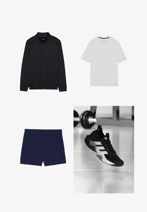 Sorth zip-jakke lavet af blødt stof, med høj krave, sidelommer og syede skuldersømme. Minimalistisk logo på brystet.; Hvid kortærmet t-shirt med rund hals, med raglanærmer, et diskret logo på brystet og kontrasterende halskant.; Marineblå svøm shorts lavet af letvægtsstof, med elastisk talje og to sidelommer til opbevaring.; Sort atletiksko med en mesh-øverdel, hvide striber og grå accenter. Har polstret krave og gummisål. Velegnet til brug i fitnesscenter.