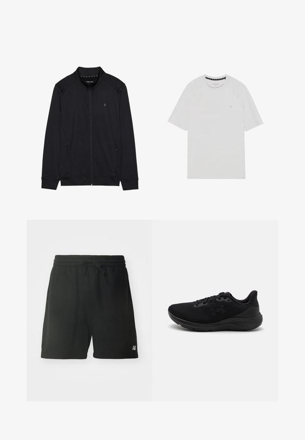 Schwarze Zip-Jacke aus weichem Stoff mit hohem Kragen, Seitentaschen und genähten Schulternähten. Minimalistisches Logo auf der Brust.; Weißes T-Shirt mit kurzen Ärmeln und Rundhalsausschnitt, mit Raglanärmeln, einem dezenten Logo auf der Brust und kontrastierendem Halsausschnitt.; Schwarze Baumwoll-Sportshorts mit elastischem Bund, verstellbarem Kordelzug und Logodetail am unteren linken Bein. Glatte Textur.; Schwarze Sportschuhe mit einem Mesh-Obermaterial, runder Zehenpartie und strukturiertem Gummisohle. Mit einem schwarzen Logo an der Seite und Schnürverschluss.