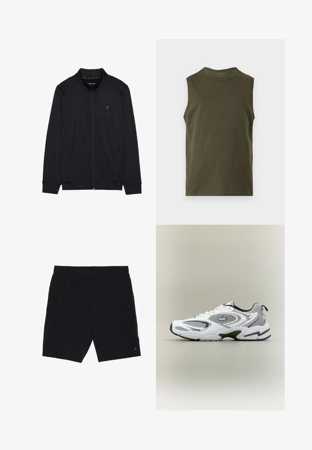 Sorth zip-jakke lavet af blødt stof, med høj krave, sidelommer og syede skuldersømme. Minimalistisk logo på brystet.; Ærmeløs olivengrøn top med rund halsudskæring og lige kant, vist mod en ensfarvet lys baggrund.; Sorte shorts lavet af letvægtsstof, med elastisk talje, to sidelommer og et lille logo på nederste højre side.; Hvid og grå sporty løbesko med mesh-paneler, grønne detaljer, sorte elementer og et logo på siden, vist fra ydersiden.
