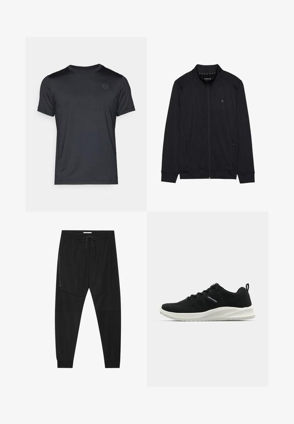 Sorth zip-jakke lavet af blødt stof, med høj krave, sidelommer og syede skuldersømme. Minimalistisk logo på brystet.; Sort kortærmet t-shirt lavet af glat stof med rund hals og diskret logo på brystet. Casual pasform uden synlige mønstre.; Sorte træningsbukser lavet af tekstureret stof, med justerbar talje, lynlåslomme på siden og tapered cuffs.; Sorte atletiksko med en tekstureret mesh-overdel, en kontrastfarvet hvid sål og et buet design. Har snørrelsessystem og logo-detalje.