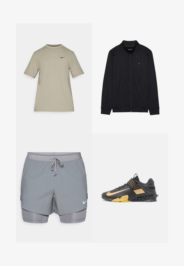 Sorth zip-jakke lavet af blødt stof, med høj krave, sidelommer og syede skuldersømme. Minimalistisk logo på brystet.; Lysegrå Nike T-shirt med korte ærmer, rund hals og lille sort Nike-swoosh-logo på venstre bryst.; Grå løbeshorts med snor i taljen, indvendig foring og sidelommer. Nike-logoet er trykt i hvid på kanten.; Sort sportsko med gyldne accenter, mesh- og syntetiske materialer, unik tekstureret sål, justerbar stropp over mellemfoden og polstret krave.