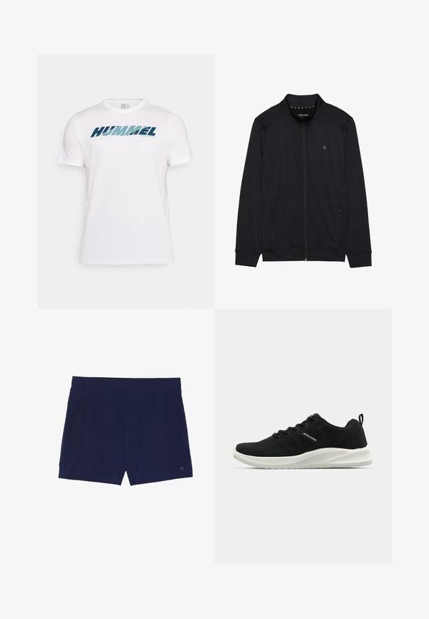 Chaqueta negra con cremallera hecha de una tela suave, que presenta un cuello alto, bolsillos laterales y costuras en los hombros. Logotipo minimalista en el pecho.; Camiseta deportiva blanca de manga corta con logo azul "HUMMEL" y pequeño texto "ACTIVE SPORTSWEAR" en el pecho, fondo liso.; Bañadores azul marino hechos de tejido ligero, con una cinturilla elástica y dos bolsillos laterales para almacenamiento.; Zapatillas deportivas negras con parte superior de malla texturizada, suela blanca en contraste y diseño curvado. Cuenta con un sistema de cordones y detalle de logo.