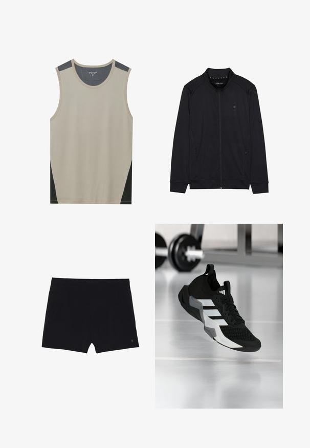 Chaqueta negra con cremallera hecha de una tela suave, que presenta un cuello alto, bolsillos laterales y costuras en los hombros. Logotipo minimalista en el pecho.; Top sin mangas en color beige con acentos de hombro en gris oscuro y paneles laterales en negro. Textura suave con un escote redondeado.; Pantalones cortos deportivos negros con una textura suave, cinturilla elástica y dos bolsillos laterales. Presenta un pequeño logo en la parte inferior derecha.; Zapato deportivo negro con parte superior de malla, franjas blancas y detalles grises. Cuenta con un cuello acolchado y suela de goma. Adecuado para usar en el gimnasio.