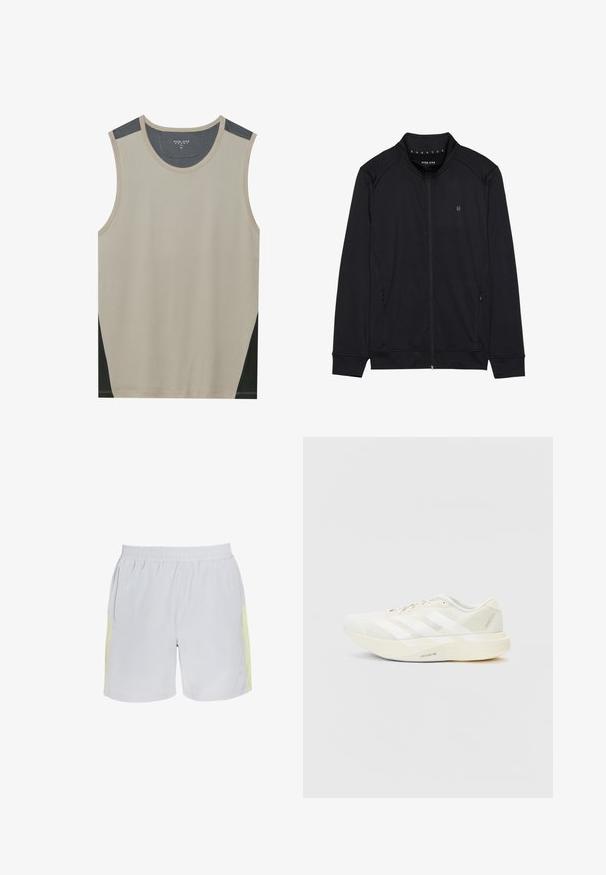 Chaqueta negra con cremallera hecha de una tela suave, que presenta un cuello alto, bolsillos laterales y costuras en los hombros. Logotipo minimalista en el pecho.; Top sin mangas en color beige con acentos de hombro en gris oscuro y paneles laterales en negro. Textura suave con un escote redondeado.; Pantalones cortos de color gris claro con cintura elástica, que cuentan con dos bolsillos laterales y acentos amarillos en los costados. Tejido suave con un corte holgado.; Zapatilla deportiva blanca con parte superior de malla, que presenta tres franjas blancas, una punta redondeada y una suela de color claro etiquetada como "LIGHTSTRIKE PRO".