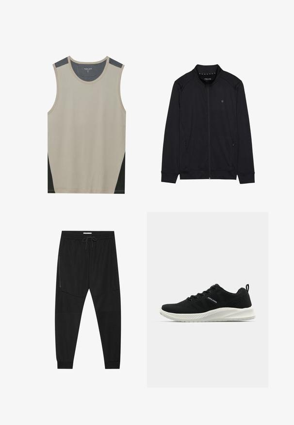 Zwarte ritsjack van zacht materiaal, met een hoge kraag, zijzakken en gestikte schoudernaden. Minimalistisch logo op de borst.; Beige mouwloze tanktop met donkergrijze schouderaccenten en zwarte zijpanelen. Gladde textuur met een ronde halslijn.; Zwarte sportbroeken van textuurstof, met een verstelbare tailleband, een ritssluiting opzij en tapered boorden.; Zwarte sportschoenen met een gestructureerde mesh bovenzijde, contrasterende witte zool en gebogen ontwerp. Voorzien van een vetersysteem en logo-detail.