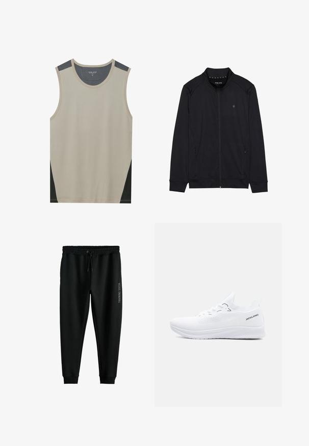 Zwarte ritsjack van zacht materiaal, met een hoge kraag, zijzakken en gestikte schoudernaden. Minimalistisch logo op de borst.; Beige mouwloze tanktop met donkergrijze schouderaccenten en zwarte zijpanelen. Gladde textuur met een ronde halslijn.; Zwarte trainingsbroeken van zacht materiaal, met een elastische tailleband en koord, en een bedrukt "TRAINING DIVSN" logo op de zijkant.; Witte lage sneaker van gebreid materiaal met een gestructureerde zool, veters aan de voorkant en het "JACK & JONES" logo aan de zijkant van de hielkraag.