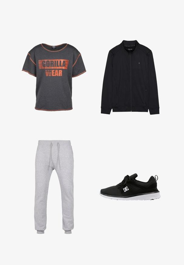 Zwarte ritsjack van zacht materiaal, met een hoge kraag, zijzakken en gestikte schoudernaden. Minimalistisch logo op de borst.; Grijze T-shirt met korte mouwen met opvallende oranje tekst "GORILLA WEAR". Versleten zoom en oranje stiksel. Comfortabele pasvorm.; Grijze sweatpants van zachte stof, met een elastische tailleband met trekkoord, taps toelopende pijpen en ribgebreide boorden voor een veilige pasvorm.; Zwarte sportieve schoen gemaakt van mesh en synthetisch materiaal, met een wit logo aan de zijkant, vetersluiting en flexibele witte zool.