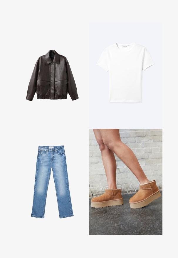 Braune Lederjacke mit breitem Kragen, zwei Fronttaschen und elastisch gerafften Akzenten am Saum. Glatte, glänzende Textur.; Einfaches weißes T-Shirt mit kurzen Ärmeln und Rundhalsausschnitt sowie kleinem "WEEKDAY"-Etikett im Nacken, flach auf einem hellen Hintergrund präsentiert.; Hellblaue Jeans aus Denim, mit geradem Bein, ausgewaschenen Stellen und subtilen Abnutzungen. Verfügt über fünf Taschen und einen klassischen Knopfverschluss.; Braune Wildleder-Stiefeletten mit einem weichen Futter, dicker beige Plateau-Sohle und einer Zuglasche auf der Rückseite. Strukturiert Oberfläche mit sichtbaren Nähdetails.
