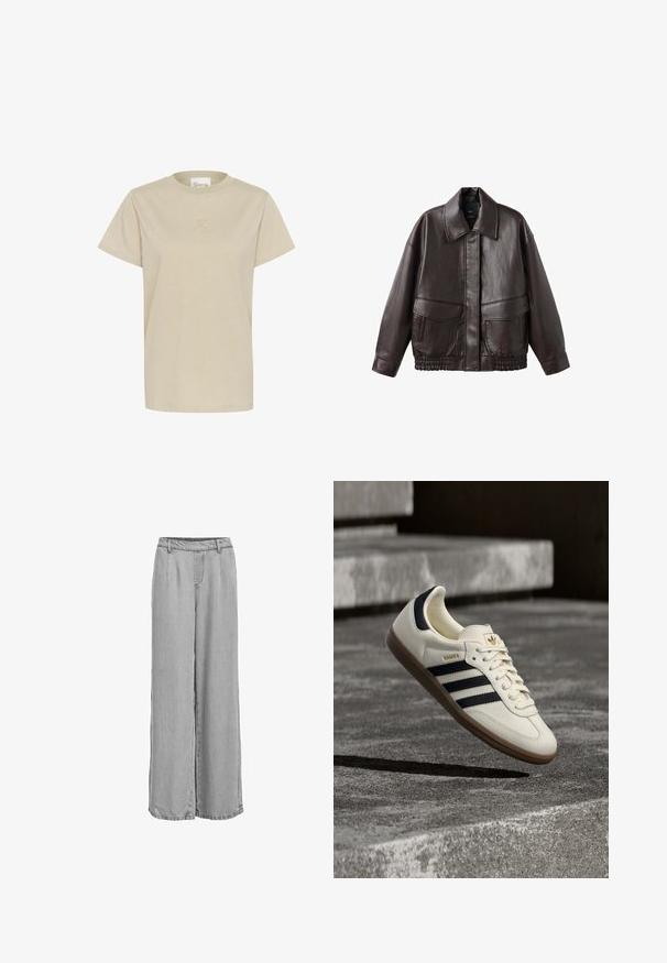 Bruine leren jas met een brede kraag, twee voortassen en elastische gathered accenten aan de onderrand. Gladde, glanzende textuur.; Lichtbeige T-shirt met korte mouwen van zachte stof, met een ronde hals en een subtiel gebosst logo op de borst.; Lichtgrijze wijde broek met elastische tailleband en riemlussen, voorzien van naden aan de voor- en achterkant voor vorm.; Witte Adidas Samba sneaker met zwarte strepen en gumzool, zwevend boven gestructureerde grijze betonnen treden.
