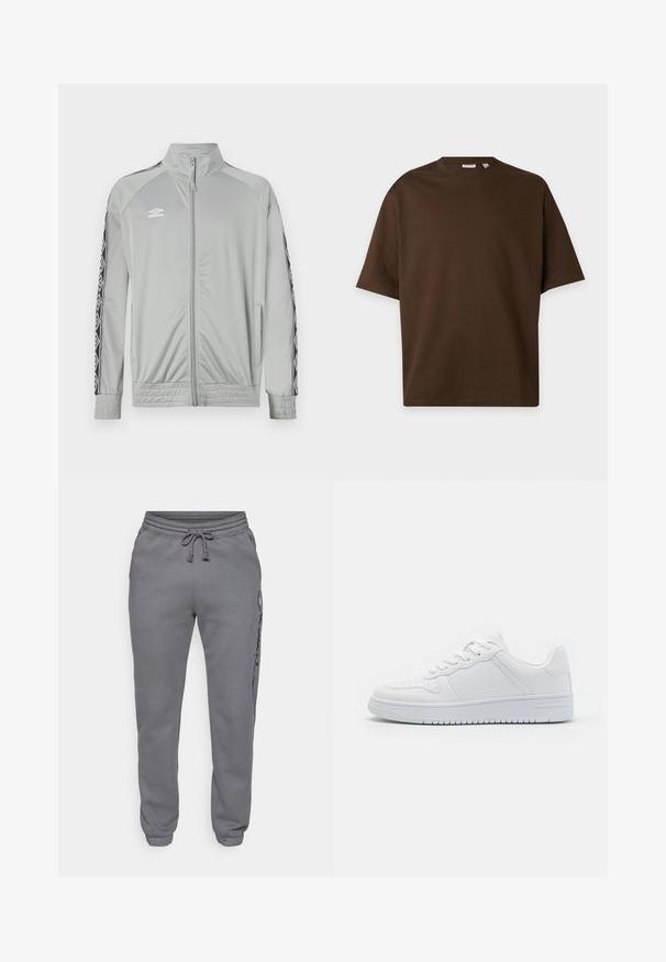 Chaqueta deportiva de cremallera en gris claro con cuello alto, rayas en blanco y negro en las mangas y el logotipo de Umbro en el lado izquierdo del pecho.; Camiseta marrón lisa de manga corta con cuello redondo, mostrada sobre un fondo plano de color gris claro.; Champion ICONS ELASTIC-CUFF SLIM FIT - Pantalones deportivos - foggy; Zapatillas blancas hechas de material sintético liso, con cordones planos, puntera perforada y suela de goma con un patrón de agarre texturizado.