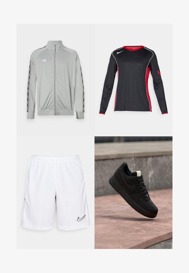 Lichtgrijze zip-up sportjack met hoge kraag, zwart-witte gestreepte patronen op de mouwen en het Umbro-logo op de linkerborst.; Sportshirt met lange mouwen van zwarte stof, voorzien van rode accenten, witte bies en een lichte mesh-design langs de zijkanten voor ademend vermogen.; Witte sportshorts gemaakt van vochtregulerende stof, met een elastische tailleband en een zwart Nike-logo aan de linkerkant.; Zwarte Nike Air Force 1 sneaker die boven een roze betonnen richel zweeft met een grijze stenen achtergrond, met zij- en bovenzijde details.
