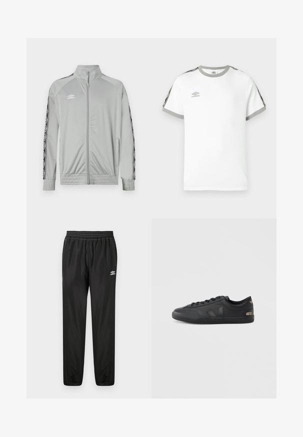 Heledas hall jakk, millel on kõrge kaelus, mustade ja valgete mustritega triibud varrukatel ning Umbro logo vasakul rinnal.; Valge lühikeste varrukatega T-särk halli kaeluse ja varrukaotstega, must ja hall triibuline muster varrukatel, ning Umbro logo rinnal.; Mustad musta Umbro treeningpüksid, millel on elastne vöökoht, küljetaskud, kitsenevad sääred ja logo paremal reie kohal valgel taustal.; Mustad nahast tossud tekstuurse pinnaga, ümmarguse ninaga, paeltega kinnitatavad ja õrna brändinguga küljel ning kontsal.
