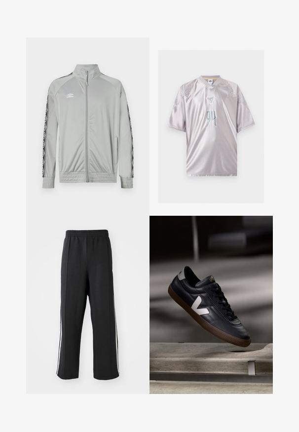 Vaaleanharmaa vetoketjullinen urheilutakki, jossa on korkea kaulus, musta-valkoiset raidat hihoissa ja Umbro-logo vasemmassa rinnassa.; Hopeanvärinen Adidas-urheilupaita, jossa on lyhyet hihat, valkoiset pistekuviot olkapäillä ja tyylitelty numero 94 keskellä edessä.; Mustat hupparit, joissa on joustava vyötärö, valkoisilla sivuraidoilla ja rento istuvuus. Valmistettu pehmeästä, venyvästä kankaasta.; Mustat nahkaiset lenkkarit, joissa on valkoinen V-logo, nauhakiinnitys, rei'itetyt yksityiskohdat ja ruskea kumipohja; tyylikäs muotoilu, jossa on minimaalisia yksityiskohtia.