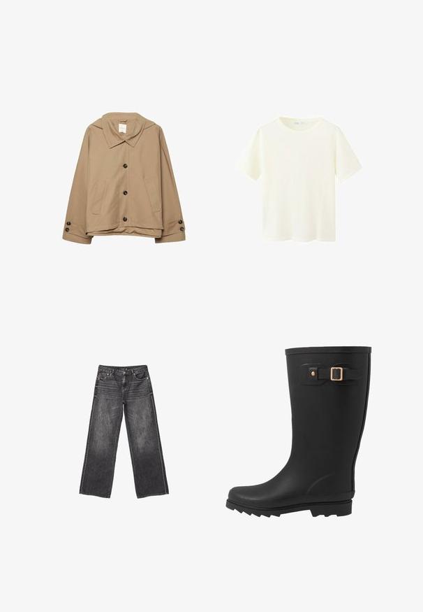 Beige cropped jas met een brede kraag, knopen aan de voorkant, steekzakken aan de zijkant en knoopmanchetten, weergegeven tegen een witte achtergrond.; Effen witte katoenen T-shirt met korte mouwen, een ronde halslijn en een klein merkje aan de binnenkant van de achterkraag.; Donkergrijze wijde denim jeans met voor- en achterzakken, knoopsluiting en subtiele vervaagde details.; Zwarte rubberen regenlaars met een ronde neus, een gestructureerde zool en een zijklepdetail met een gouden gespaccents.