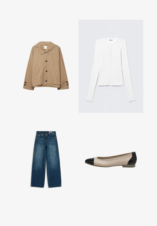 Beige cropped jakke med bred krave, knapper foran, sidelommer og knaplukning ved ærmerne, vist på en hvid baggrund.; Hvid Henley trøje med lange ærmer, rund halsudskæring og en vertikal række små knapper ned foran i midten.; Blå jeans med høj talje og vide ben, med for- og baglommer og en skrå knapdetalje i linningen.; Beige læderballetsko med sorte patentlæderkapper og hælaccent. Lav hæl og glat tekstur med afrundede kanter.