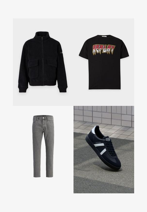 Schwarze Fleece-Zipjacke mit hohem Kragen, zwei vorderen Taschen mit Klappen sowie gerippten Bündchen und Saum.; Schwarzes T-Shirt mit kurzen Ärmeln und fettem, stilisiertem "REPLAY"-Text in Rot, Weiß und Gelb auf der Brust.; Graue Jeans aus Denim mit geradem Schnitt, fünf Taschen und Metallknopfverschluss. Der Stoff hat eine weiche, strukturierte Oberfläche.; Schwarze Leder-Sneaker mit weißen Streifen, strukturiertem Gummisohle und Schnürung. Verfügt über ein Markenetikett auf der Zunge.