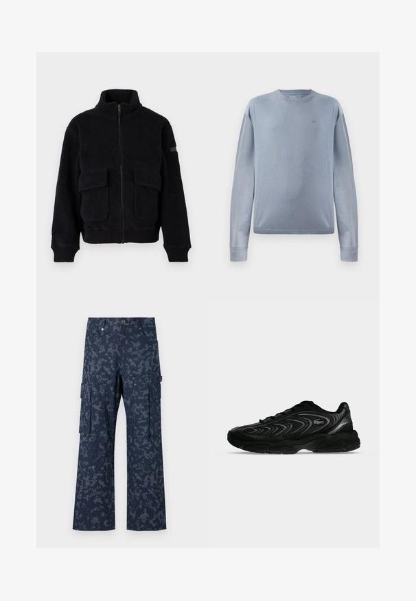 Veste en polaire noire zippée avec col montant, deux poches frontales avec rabats, et poignets et ourlet côtelés.; Sweat-shirt à manches longues bleu clair en tissu doux. Il présente un col rond et des poignets côtelés. Logo discret sur la poitrine.; Sean John SCRIPT LOGO CAMOUFLAGE - Pantalon cargo - blue; Baskets de sport noires avec des motifs en forme de vagues et un petit logo crocodile sur le côté, affichées sur un fond uni gris clair.