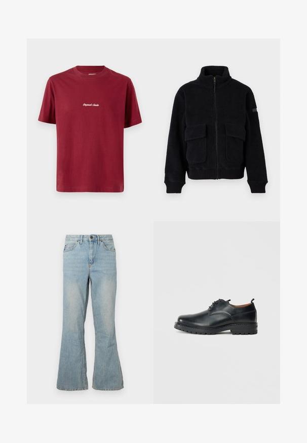 Sort fleece zip-jakke med høj krave, to frontlommer med klap og ribbede håndled og nederkant.; Burgunderrød bomulds t-shirt med korte ærmer og rund hals. Har hvid broderet tekst, der siger "Originals Studio" på forsiden.; Lys blå denim flared jeans med en mellemhøj talje, fem lommer og synlige søm. Har en glat overflade og standard lynlås lukning.; Sorte læder derby-sko med en glat overflade, rund tå, snøre-design og en tyk, robust gummisål.