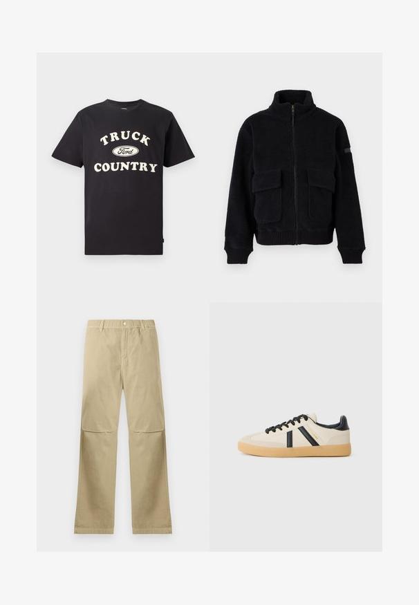 Chaqueta de forro polar negra con cremallera, cuello alto, dos bolsillos frontales con solapas y puños y dobladillo acanalados.; Camiseta de algodón negro de mangas cortas con el texto "TRUCK COUNTRY" en color crema y un diseño del logo de Ford en el centro.; Pantalones rectos beige con cierre de botón a presión, lazos para cinturón y detalles en la costura de la rodilla, dispuestos sobre un fondo blanco.; Zapatillas casuales en crema con rayas negras, con parte superior texturizada y suela de goma. Los cordones son negros. Logo sutil en el costado.