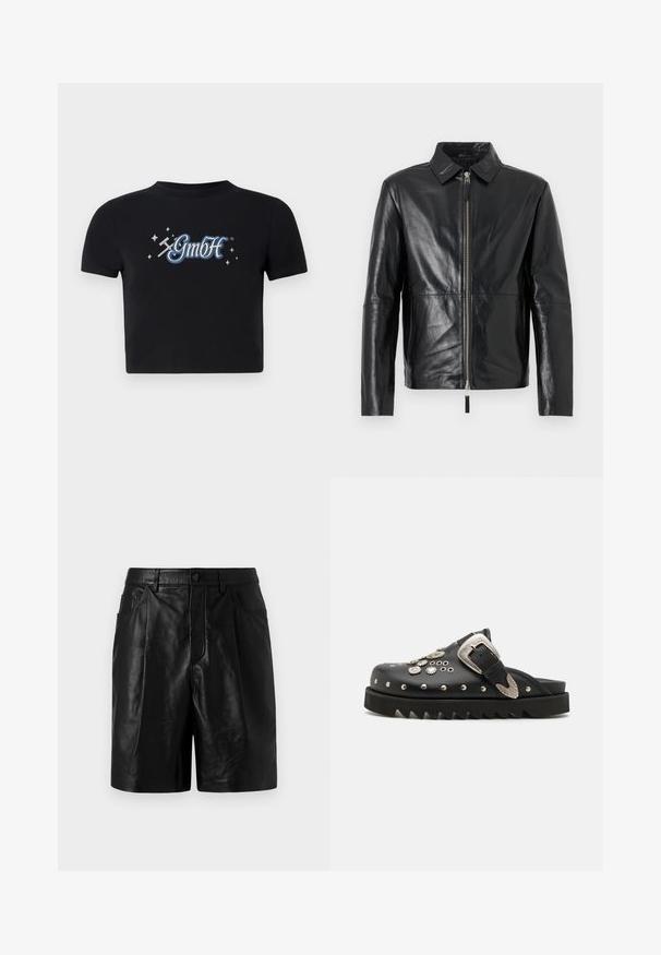 Schwarze Lederjacke mit spitzem Kragen, langen Ärmeln, Frontreißverschluss und Seitentaschen, dargestellt auf weißem Hintergrund.; Schwarzes, kurzes T-Shirt aus Baumwolle mit rundem Ausschnitt, das auf der Vorderseite ein blaues und weißes "GmbH"-Logo zeigt, umgeben von kleinen Sternen.; Schwarze Leder-Shorts mit maßgeschneidertem Design, ausgestattet mit zwei Fronttaschen, einem Knopfverschluss und einer glatten, glänzenden Textur.; Schwarze Leder-Pantoletten mit metallischen Nieten und floralen Akzenten. Mit einem breiten Riemen und einer dicken, gezackten Sohle für zusätzlichen Halt.