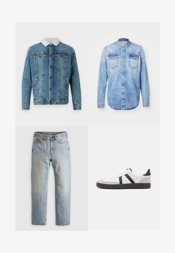 Veste en jean bleu clair avec un col en fausse fourrure blanche, comportant deux poches poitrine, un bouton à l'avant et des détails en couture.; Chemise en denim bleu clair à manches longues, col boutonné, deux poches sur la poitrine et surpiqûres contrastées. Ourlet arrondi et coupe classique.; Jean en denim bleu clair à taille haute, avec bouton avant, fermeture éclair et design à cinq poches, posé à plat sur un fond neutre.; Baskets blanches avec des accents noirs et gris, présentant un embout texturé gris, une semelle en caoutchouc noir et des lacets plats blancs. Design épuré, style minimaliste.