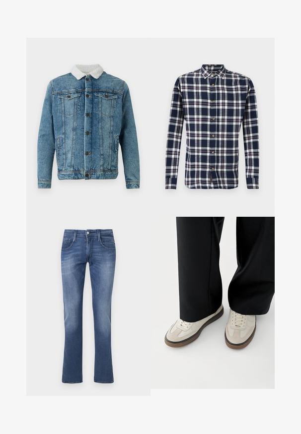 Lysblå denimjakke med en fluffy hvid krave, der har to brystlommer, knaplukning foran og syninger.; Herres langærmede skjorte med knapper i marineblåt, hvidt og rødt ternet mønster. Bomuldsstof, klassisk krave og træknapper.; Blå denim straight-leg jeans med frontknap, lynlås samt for- og baglommer på en hvid baggrund.; Fødder iført beige sneakers med brune såler og sorte bukser med vide ben på hvid baggrund.