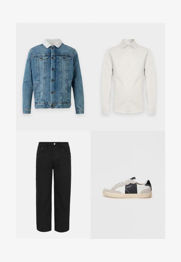 Lysblå denimjakke med en fluffy hvid krave, der har to brystlommer, knaplukning foran og syninger.; Herreskjorte med lange ærmer, smalle lodrette beige og hvide striber, knappet front, spids krave og knappede manchetter.; Sorte bukser med lige ben, forrest med knap- og lynlåslukning, bæltestropper og tre forlommer på en ensfarvet lys baggrund.; Hvide og grå lavtop sneakers lavet af ruskind og læder. Har en sort accent, hvid syning og en gummisål.