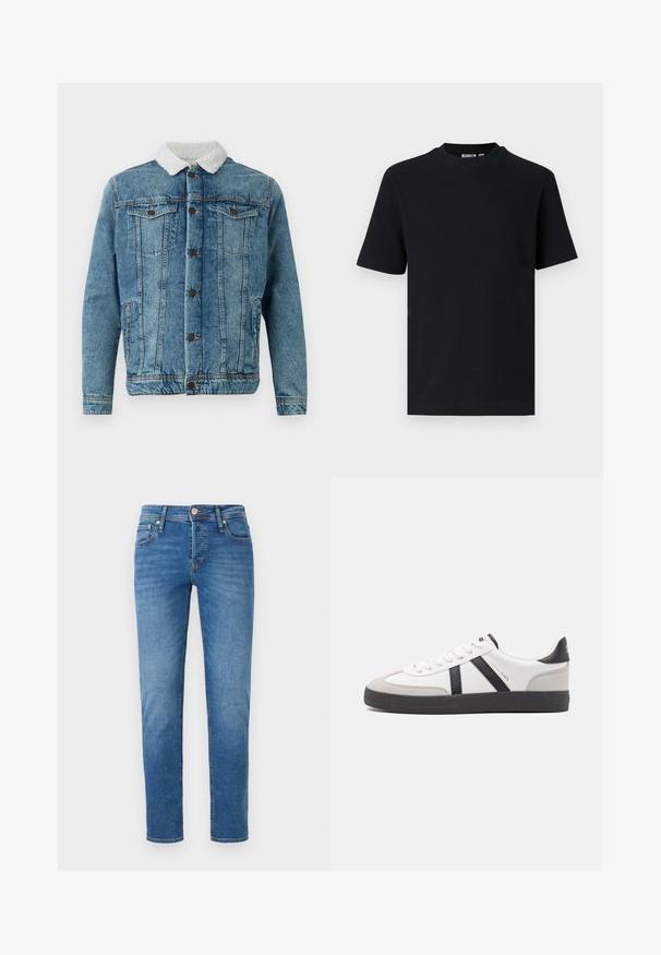 Leren spijkerjasje in lichtblauw met een pluizige witte kraag, voorzien van twee borstzakken, knopen aan de voorkant en gestikte details.; Zwart, geribd, gebreid T-shirt met korte mouwen en ronde hals, met een klein zichtbaar label aan de binnenkant van de kraag.; Blauwe denim jeans met een slim fit, vijf pockets, sluiting met een knoop aan de voorkant en subtiele vervaging op de dijen en knieën.; Witte sneaker met zwarte en grijze accenten, voorzien van een grijze neus met textuur, zwarte rubberen zool en platte witte veters. Schoon ontwerp, minimalistische stijl.