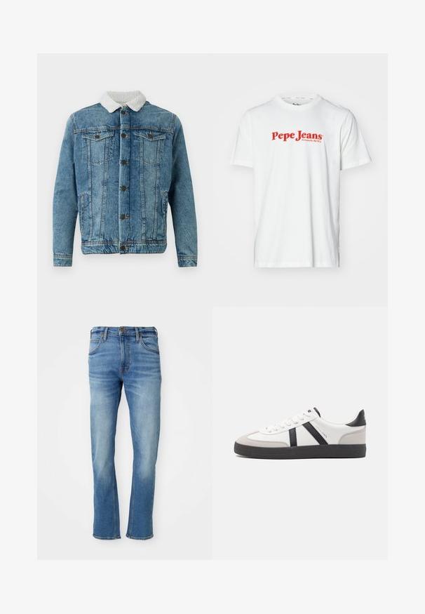 Heled sinine teksajakk, millel on karvane valge krae, kaks rinna taskut, nööpidega esikülg ja õmmeldud detailid.; Valge puuvillane T-särk, millel on punane "Pepe Jeans" logo tekst. Lühikesed varrukad ja ümmargune kaelus, tavaline lõige ja ilma nähtavate mustriteta.; Heledad hall sinimustest teksad, sirge lõikega, klassikalise viie-tasku kujundusega, diskreetse kulumise ja kontrastsete õmblustega detailidega.; Valged tossud mustade ja hallide aktsentidega, tekstureeritud halli varbakattega, musta kummitald ja lamedad valged paelad. Puhtad jooned, minimalistlik stiil.