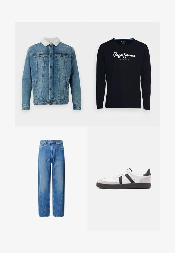 Leren spijkerjasje in lichtblauw met een pluizige witte kraag, voorzien van twee borstzakken, knopen aan de voorkant en gestikte details.; Zwart T-shirt met lange mouwen, gemaakt van katoen, met in het midden van de borst witte en blauwe logo-tekst "Pepe Jeans London".; Lichtblauwe denim jeans met een hoge taille, wijde pijpen en schuin geplaatste zaknaden. Bevat vijf zakken en een knoopsluiting.; Witte sneaker met zwarte en grijze accenten, voorzien van een grijze neus met textuur, zwarte rubberen zool en platte witte veters. Schoon ontwerp, minimalistische stijl.