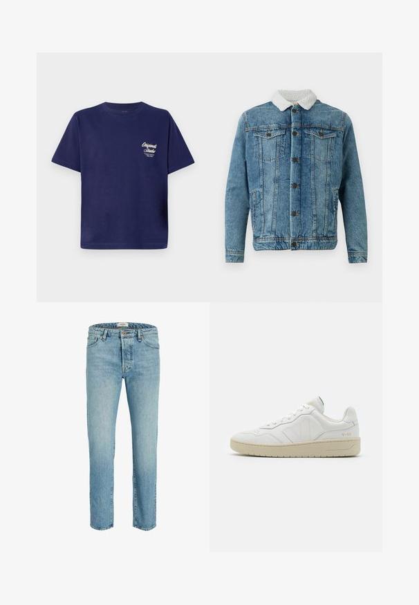 Chaqueta de mezclilla en azul claro con un cuello de pelo blanco esponjoso, presenta dos bolsillos en el pecho, cierre delantero de botones y detalles de costura.; Camiseta de algodón azul marino de manga corta, cuello redondo y pequeño gráfico de texto blanco en la parte frontal izquierda. Diseño simple de color sólido.; Jeans de mezclilla azul claro con diseño de pierna recta, estilo estándar de cinco bolsillos y cierre de botón en la cintura.; Zapatillas blancas de cuero con un acabado texturizado y cuello acolchado. Cuentan con una suela de goma beige y un sutil logotipo en el talón y el lado.