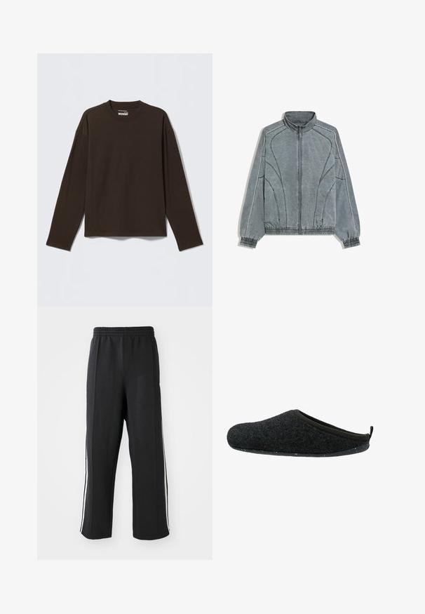 Grijze jas met rits, hoge kraag, elastische manchetten en zoom, gebogen naaddetails, en dunne witte bies langs mouwen en schouders.; Donkerbruine longsleeve met ronde hals en rechte zoom, plat gelegd op een lichtgrijze achtergrond.; Zwarte trainingsbroek met een elastische tailleband, voorzien van witte zijstrepen en een relaxte pasvorm. Gemaakt van zachte, rekbare stof.; Donkergrijze vilten slof met een afgeronde vorm, zwarte rubberen zool gespikkeld met wit, en een zachte, gladde binnenvoering.