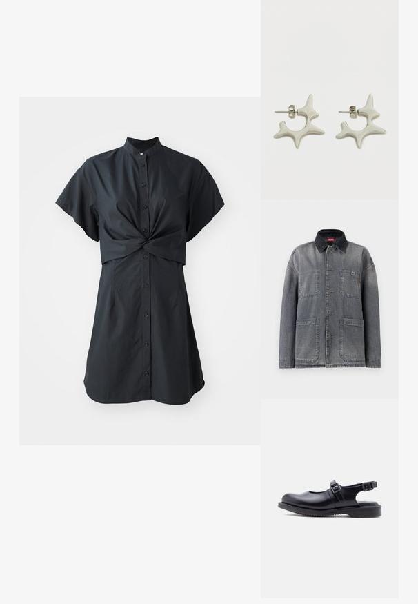 Veste en denim grise avec fermeture à boutons sur le devant, col en velours côtelé noir, et quatre poches plaquées dont une poche poitrine avec le logo Diesel.; Robe noire à manches courtes avec col, présentant un détail torsadé à l'avant et une fermeture à boutons, fabriquée dans un tissu léger et lisse.; Chaussure style Mary Jane en cuir noir avec deux brides ajustables à boucle et une semelle épaisse en caoutchouc rainurée.; Boucles d'oreilles en argent présentant un design abstrait distinctif avec des formes irrégulières et une finition brillante. Comprend une attache à tige pour fixation.