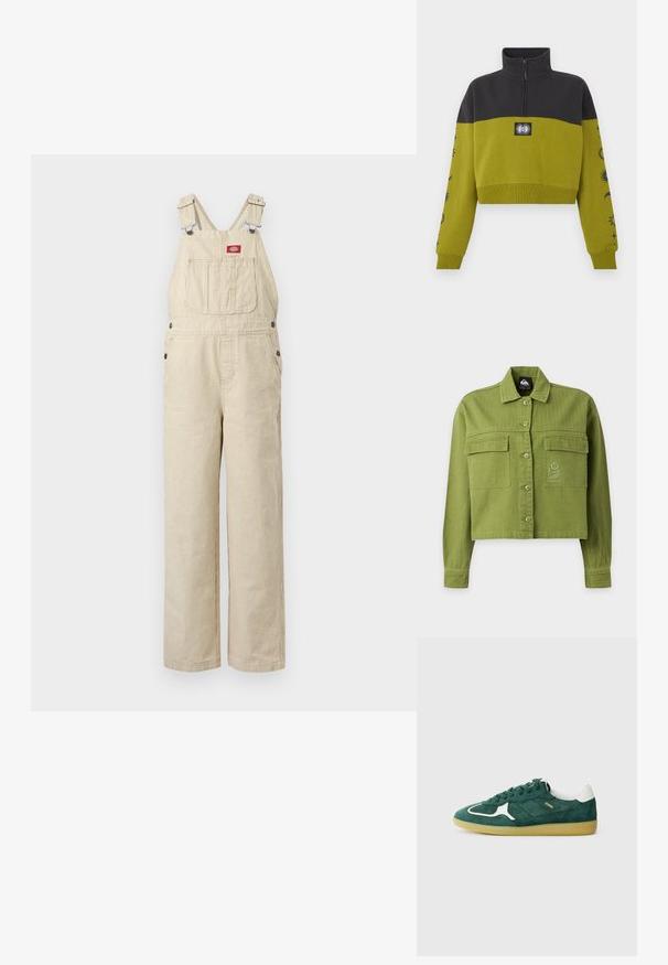 Veste courte boutonnée vert olive avec manches longues, deux poches à rabat à l'avant, et un petit logo fleur brodé sur la poche droite.; Salopette en denim beige à fines rayures blanches avec bretelles réglables, poche poitrine avant, boutons latéraux et jambes droites larges.; Sweatshirt vert olive et noir recadré avec fermeture éclair au quart, écusson soleil et lune sur la poitrine, et motifs célestes sur les manches.; Baskets en suede vert avec des accents blancs, des détails perforés et une semelle en caoutchouc texturé. Présente des lacets ronds et un talon rembourré.