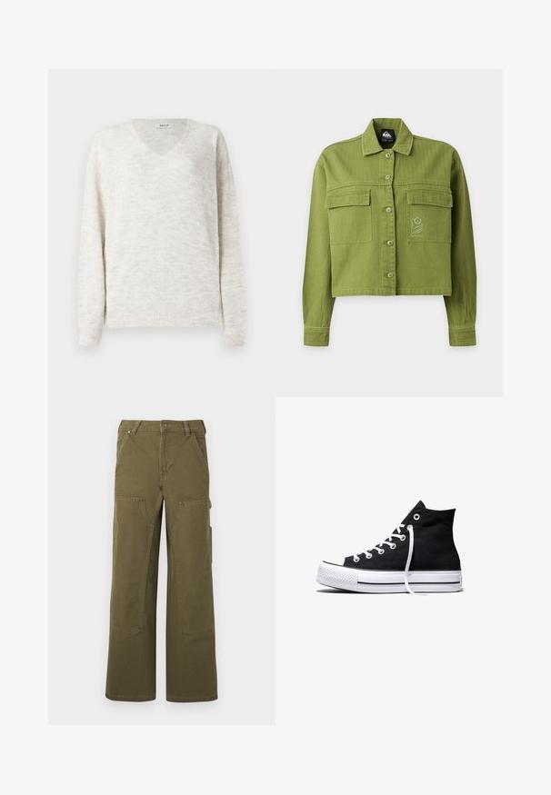 Chaqueta corta de color verde oliva con botones, mangas largas, dos bolsillos delanteros con solapa y un pequeño logo bordado de flor en el bolsillo derecho.; Suéter de punto con cuello en V en beige claro con un acabado suave y texturizado. Cuenta con mangas largas y puños y dobladillo acanalados para un ajuste ceñido.; Pantalones cargo en verde oliva, fabricados en un material duradero, con piernas anchas, múltiples bolsillos y detalles metálicos para mayor funcionalidad.; Zapatilla alta de lona negra con suela de goma blanca y cordones blancos, vista de lado sobre un fondo blanco.