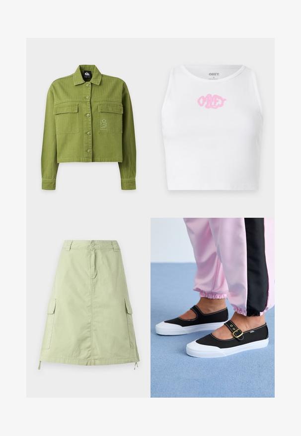 Chaqueta corta de color verde oliva con botones, mangas largas, dos bolsillos delanteros con solapa y un pequeño logo bordado de flor en el bolsillo derecho.; Top corto blanco de canalé con un logo rosa de "OBEY" en el centro. Diseñado con un escote redondo y sin mangas.; Falda de algodón verde claro, hasta la rodilla, con dos bolsillos laterales tipo cargador, cierre de botón y un corte recto relajado. Textura lisa.; Zapatillas de lona negras con suela blanca, con un diseño recortado y una correa con hebilla dorada. Combinadas con pantalones de chándal rosas.