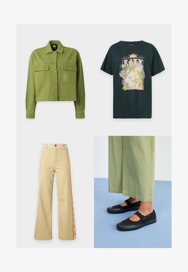 Kort olijfgroen jasje met knopen, lange mouwen, twee voorzakken met klep en een klein geborduurd bloemenlogo op de rechterzak.; Zwart katoenen T-shirt met een kleurrijke afbeelding van bergen, een waterval en tropische bloemen met de tekst "ROXY" in vetgedrukte letters.; Beige wijde broek met hoge taille, knoopsluiting, tailleband met bloemenpatroon en zijstrepen in pastelkleuren.; Zwarte canvas schoenen met een ronde neus, rubberen zool en een gespstrap. Gecombineerd met losse, lichtgroene broeken.